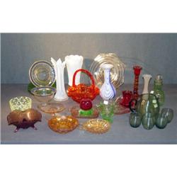BOX LOT COLORED GLASS INCL DEPRESSION AND THREADED