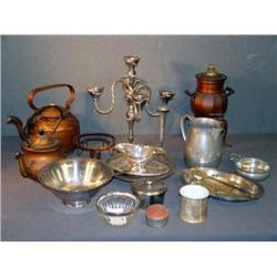 SHELF LOT WITH COPPER TEA KETTLE, SILVERPLATE CAND