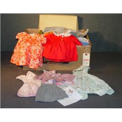 BOX LOT DOLL CLOTHES AND TABLE LINENS
