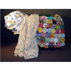 LOT 3 PENNY QUILTS AND A CROTCHETED TABLE CLOTH