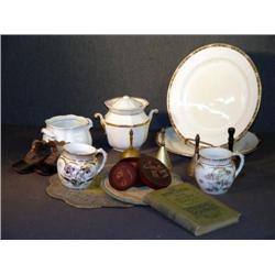 BOX LOT WITH DOLL'S SHOES, BATHROOM CROCKERY, ETC.