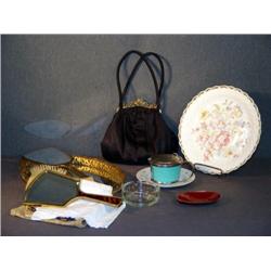 BOX LOT WITH DRESSER SET, HAND BAGS, ETC