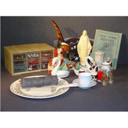 BOX LOT WITH STAFFORDSHIRE DOG, COSTUME JEWELRY, E