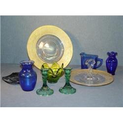 LOT 10 PCS COLORED GLASS INCL BLUE PITCHER