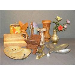 LOT OF DECORATIVE WOODEN ITEMS, VASES, BRASS BIRD,