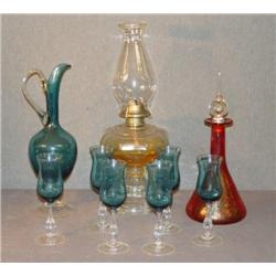 TRAY LOT WITH OIL LAMP, DECANTER, AND EWER SET