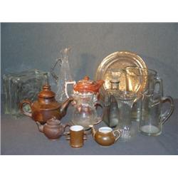 SHELF LOT INCL POTTERY TEAPOT, AUSTRIAN TEAPOT,