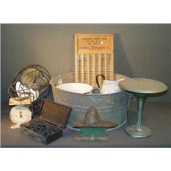 TUB LOT WITH OLD FAN, WASHBOARD, SCALE, ETC.