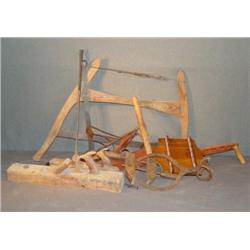 BOX LOT WITH CORN PLANTER, BUCK SAW, ETC.