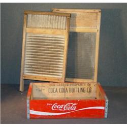 COCA-COLA CRATE AND 2 WASHBOARDS