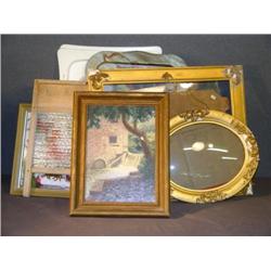 BOX LOT WITH OLD MILL PAINTING, WASHBOARD, ETC.