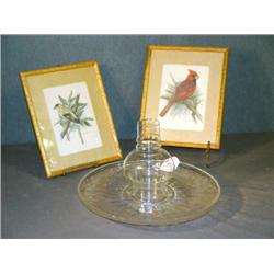 LOT GLASS PLATE AND 2 BIRD PRINTS