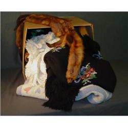 BOX LOT WITH AFGHANS, CROCHETED TABLE CLOTHES, HOO