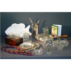 BOX LOT GLASS, SILVERPLATE, MAH BOX, ETC.