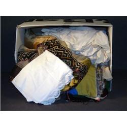 BOX LOT WITH PATCHWORK QUILTS, TAPESTRY, ETC.