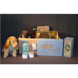 BOX LOT WITH OLD CANDY BOXES, DRESSER MIRRORS, ETC