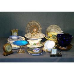 BOX LOT WITH CHINA, POTTERY, CARRIAGE CLOCK, ETC.