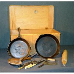 BAMBOO CHEST WITH FRYING PANS, BUTTER WORKERS, ETC