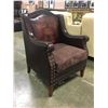 Image 1 : BURGUNDY LEATHER LEISURE ARMCHAIR WITH TOOLED LEATHER BACKREST & BRASS ACCENTS