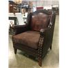 Image 2 : BURGUNDY LEATHER LEISURE ARMCHAIR WITH TOOLED LEATHER BACKREST & BRASS ACCENTS