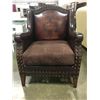 Image 3 : BURGUNDY LEATHER LEISURE ARMCHAIR WITH TOOLED LEATHER BACKREST & BRASS ACCENTS