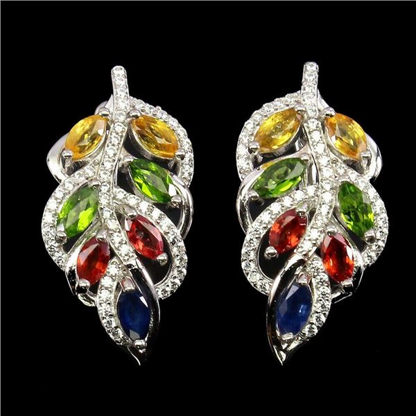 Natural Sapphire & Chrome Diopside Leaf Earrings