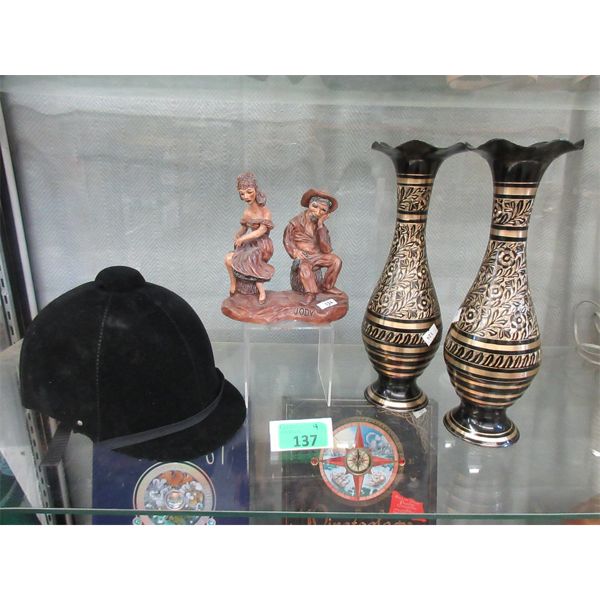 Riding Helmet, Figurine, & Pair of 12" Metal Vases