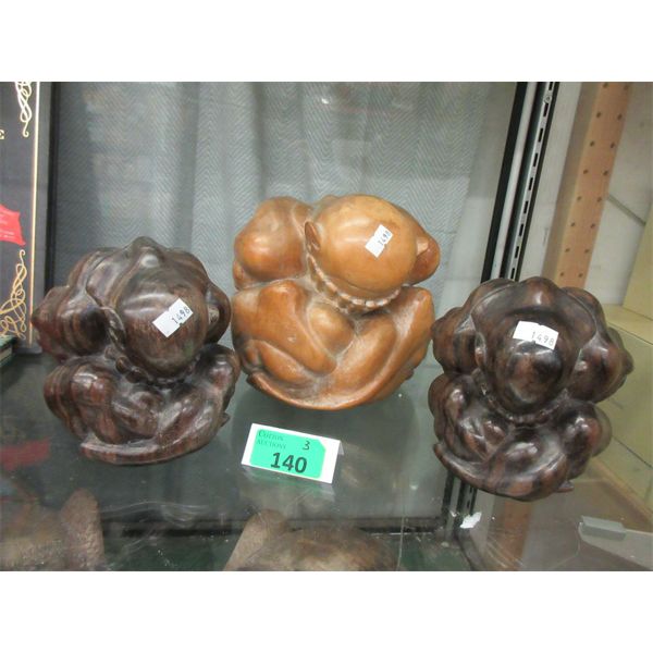 3 Carved Wood Weeping Buddha Statues