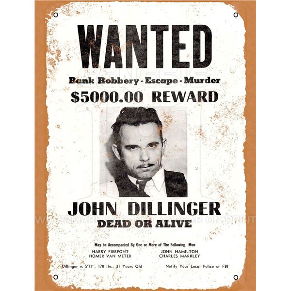 John Dillinger Wanted Poster reprint