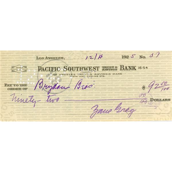Zane Grey signed check