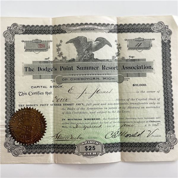1895 Dodge's Point Summer Resort Association Signed Capital Stock Certificate