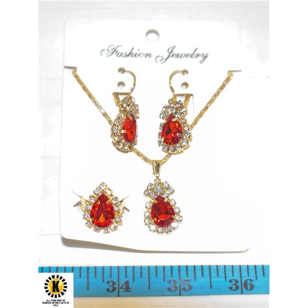 EARRING, NECKLACE AND RING SET WITH RUBY