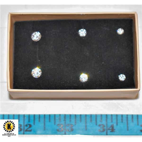 3 PAIR CLEAR ZIRCON STONE EARRINGS IN BOX