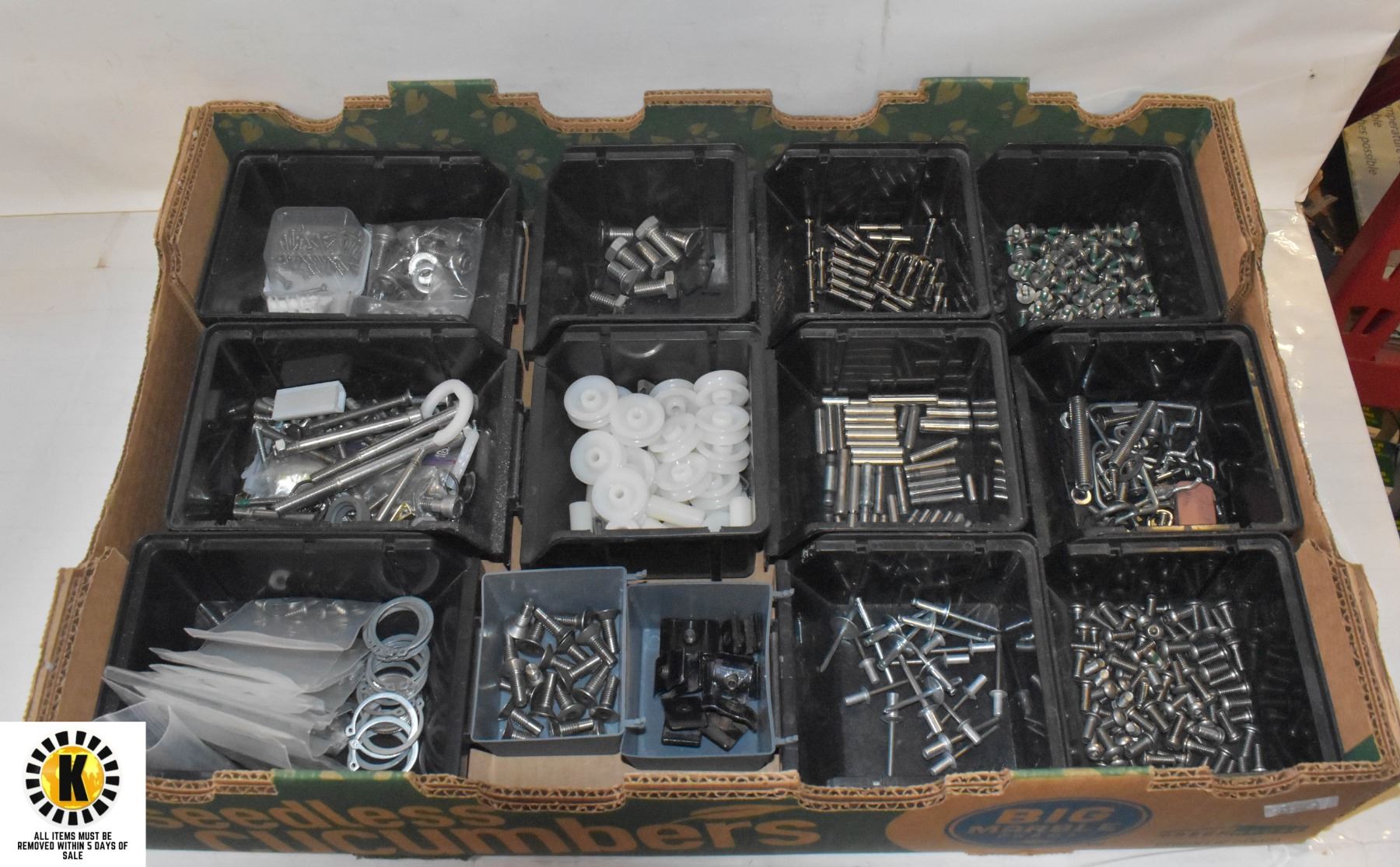 STACKING BINS AND HARDWARE. (7X3X3