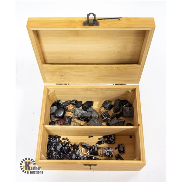 WOODEN BOX OF BLACK OBSIDIAN & SNOWFLAKE OBSIDIAN