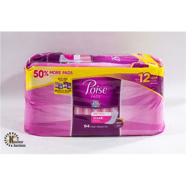 NEW POISE BAG OF 64 LONG LENGTH CONTOUR FIT PADS