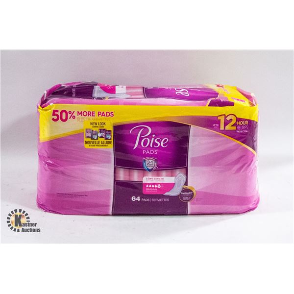 NEW POISE BAG OF 64 LONG LENGTH CONTOUR FIT PADS