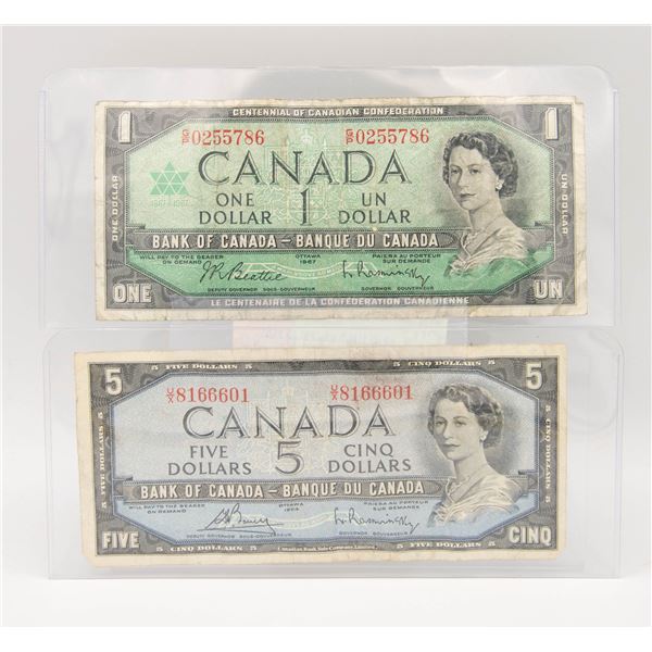 1954 $5 1967 $1 WITH SE #