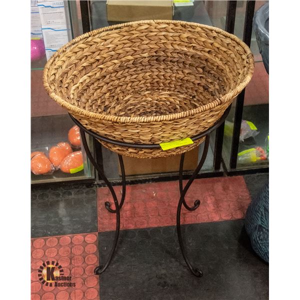 WICKER BASKET BOWL ON WROUGHT IRON STAND