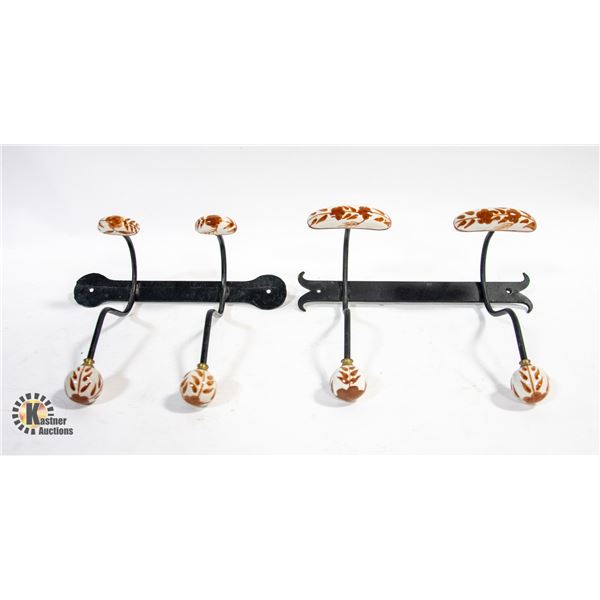 NEW 2 WROUGHT IRON & PORCELAIN WALL HOOKS