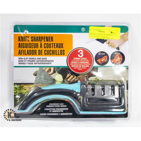 NEW SEALED KNIFE SHARPENER WITH 3 HONING LEVELS &