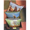 Image 1 : 3 HANDMADE HORSE QUILT PILLOWS WITH RATTAN