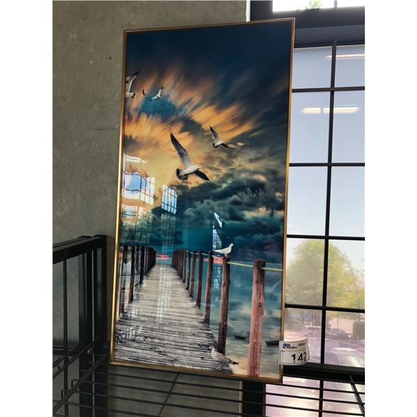 MODERN VIBES BRASS FRAMED 16"X 33" 3D PRINT OF SEASIDE DOCK