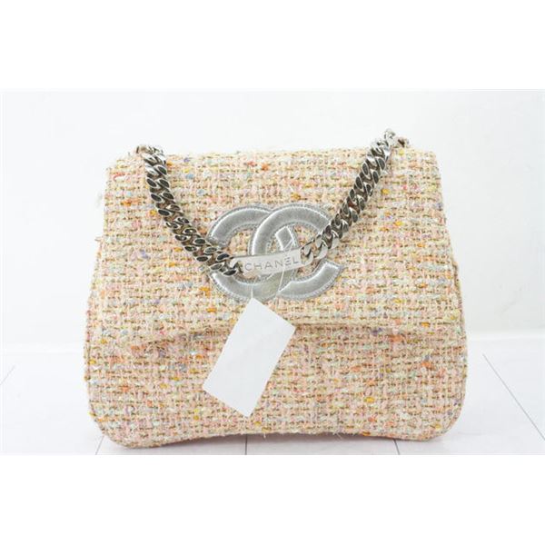 Chanel White Multicolor Fantasy-weave Shimmer Tweed Silver Logo Handbag