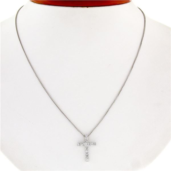 New 18K White Gold 0.47 ctw Princess Prong Diamond Slide Cross Pendant w/ Chain