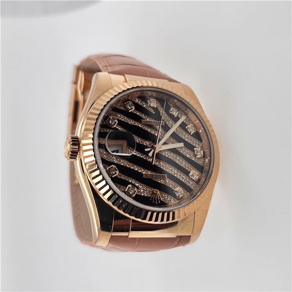 Rolex Zebra Pave Rose Gold Genuine Alligator Leather Wristwatch