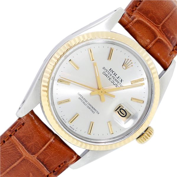 Rolex Mens 2T Silver Index Datejust Wristwatch With Leather Band