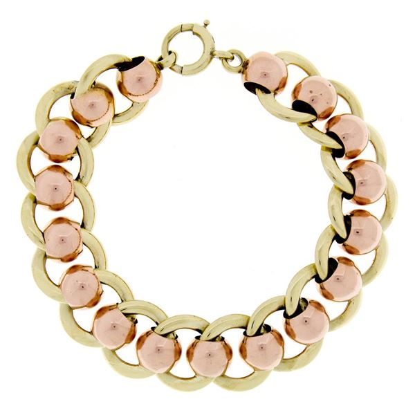 Retro Vintage 14k Rose Green Gold Wide Ball & Flat Cable Link 6" Chain Bracelet