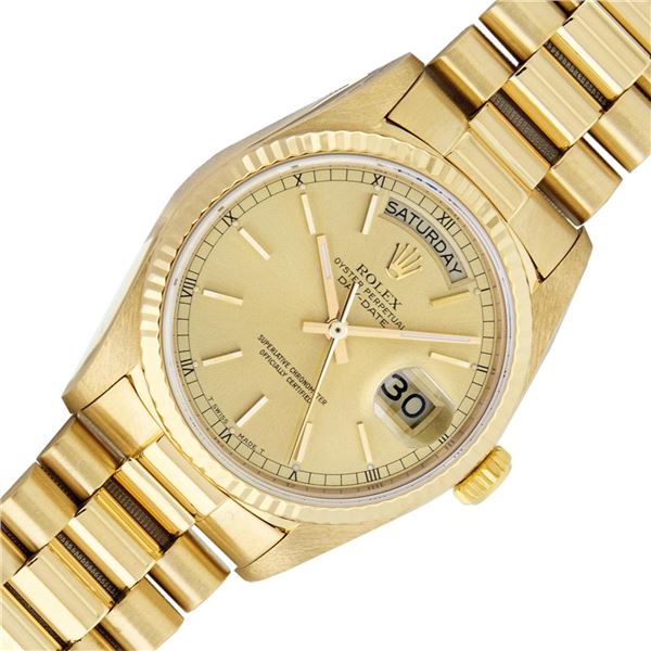 Rolex Mens 18K Yellow Gold Champagne Index Quickset President Wristwatch With Ro