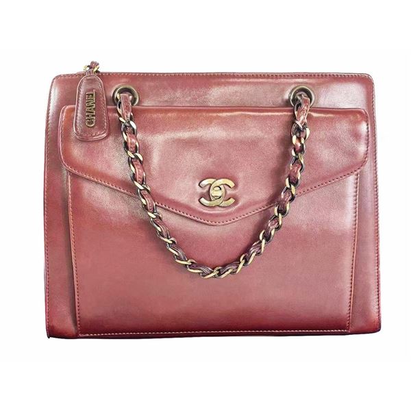 Chanel Dark Red Leather Vintage Bordeaux Tote Bag